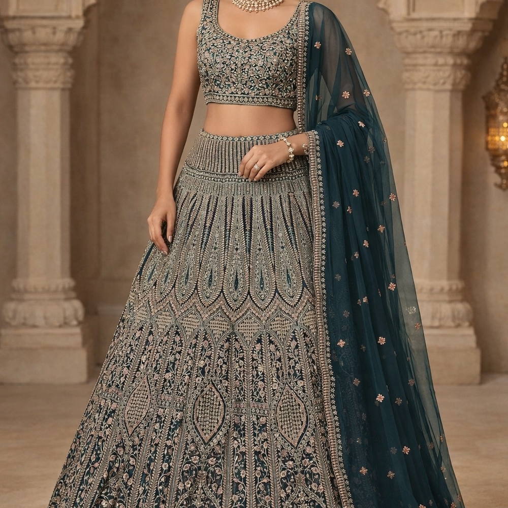 Elegant Teal Embroidered Lehenga Choli